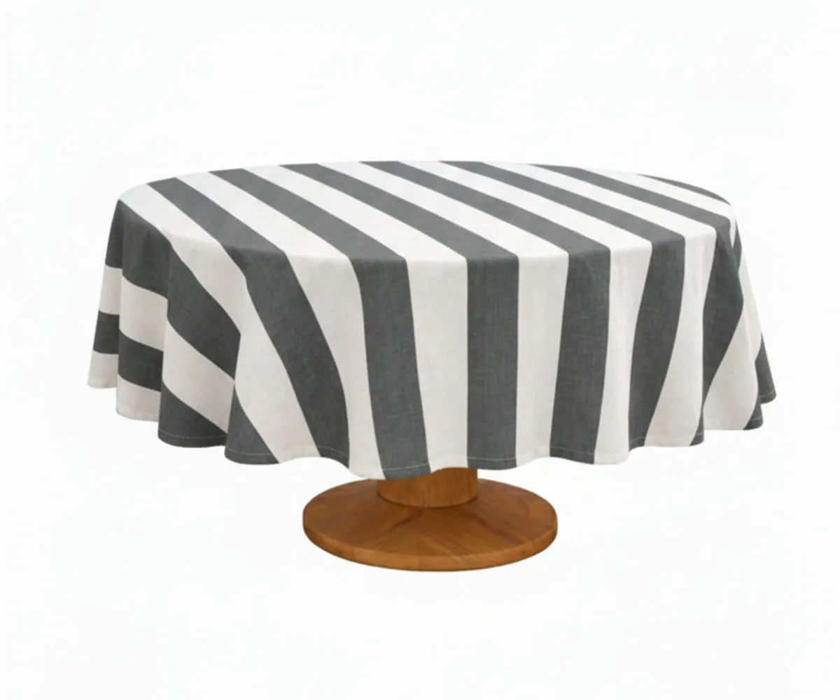 Round cotton linen tablecloth with classic cabana stripe pattern, designed for everyday dining and gatherings