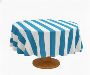 Elegant striped round tablecloth laid for a casual dining setup with a refined and relaxed feel