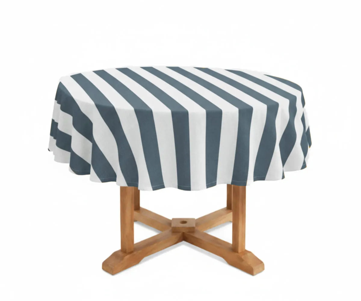 Premium 60 inch round tablecloth with classic cabana stripes, crafted from durable cotton linen for refined yet relaxed table decor. Perfect for wedding table settings, brunch gatherings, and modern coastal interiors, this washable striped round tablecloth delivers timeless style and sustainable everyday performance.