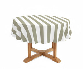 Cabana stripe 60-inch round tablecloth in a breathable cotton linen fabric, offering a soft natural texture with a clean tailored finish. Ideal for farmhouse dining rooms.