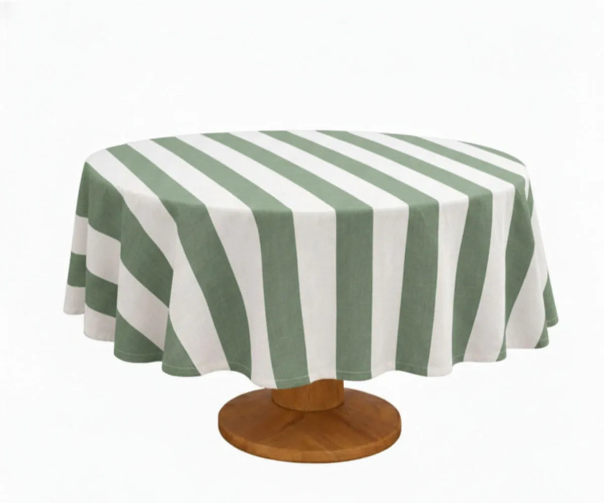 60-inch round cabana stripe tablecloth displayed on a dining table, highlighting durable woven fabric