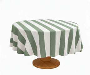 60-inch round cabana stripe tablecloth displayed on a dining table, highlighting durable woven fabric