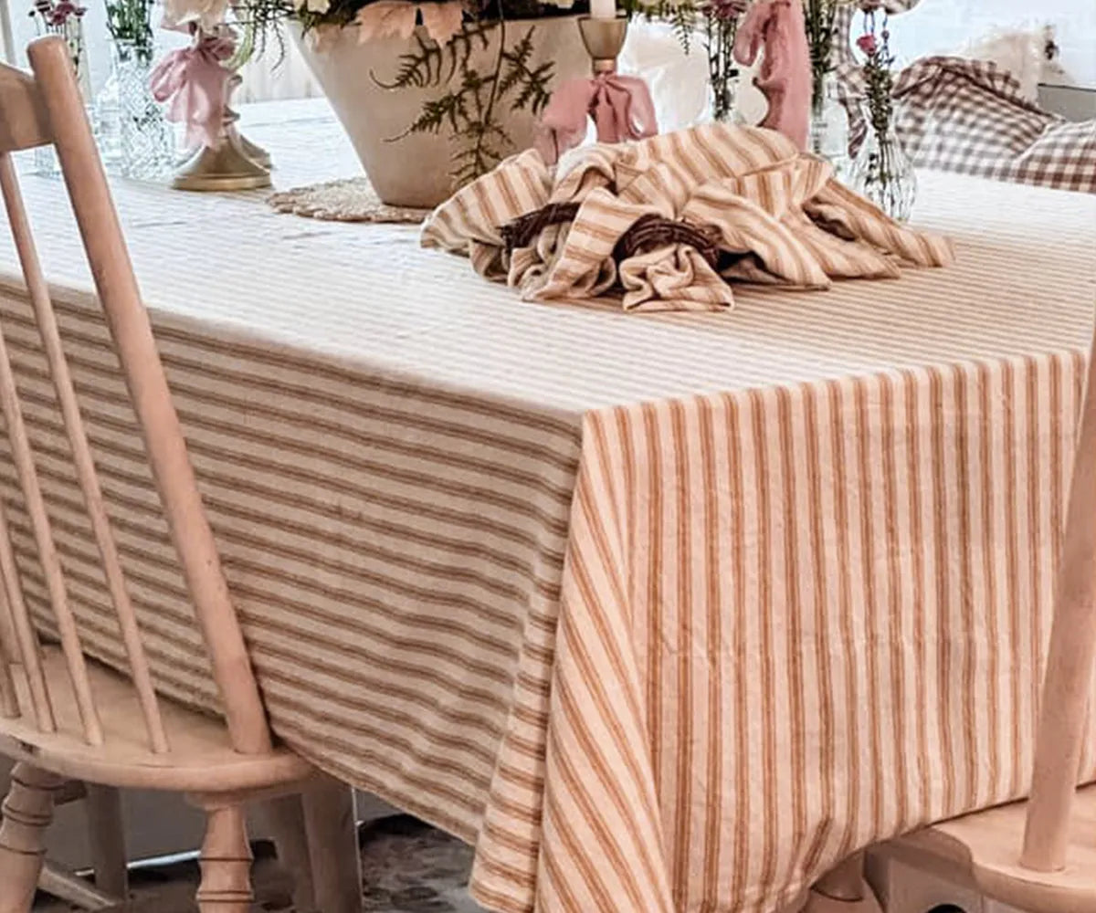 Elegant beige striped rectangular tablecloth for weddings or dining