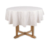 Beige and white striped round cotton tablecloth on a dining table