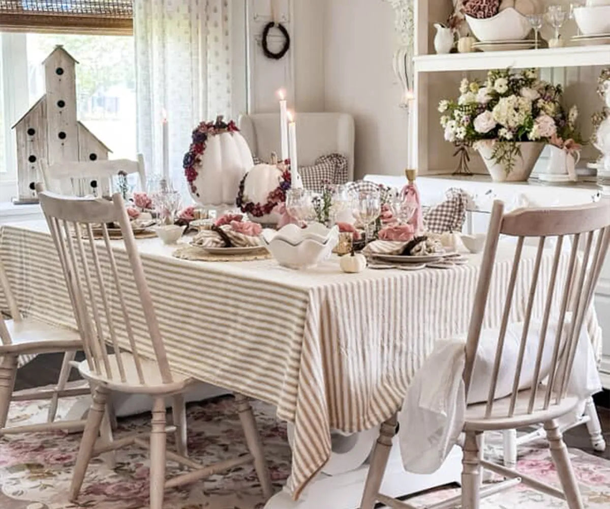 Cotton rectangle table cover with beige and white stripe pattern