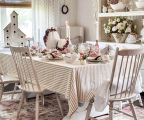 Cotton rectangle table cover with beige and white stripe pattern