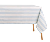 A blue and white striped cotton hemstitched tablecloth designed as a casual dining table cover.
