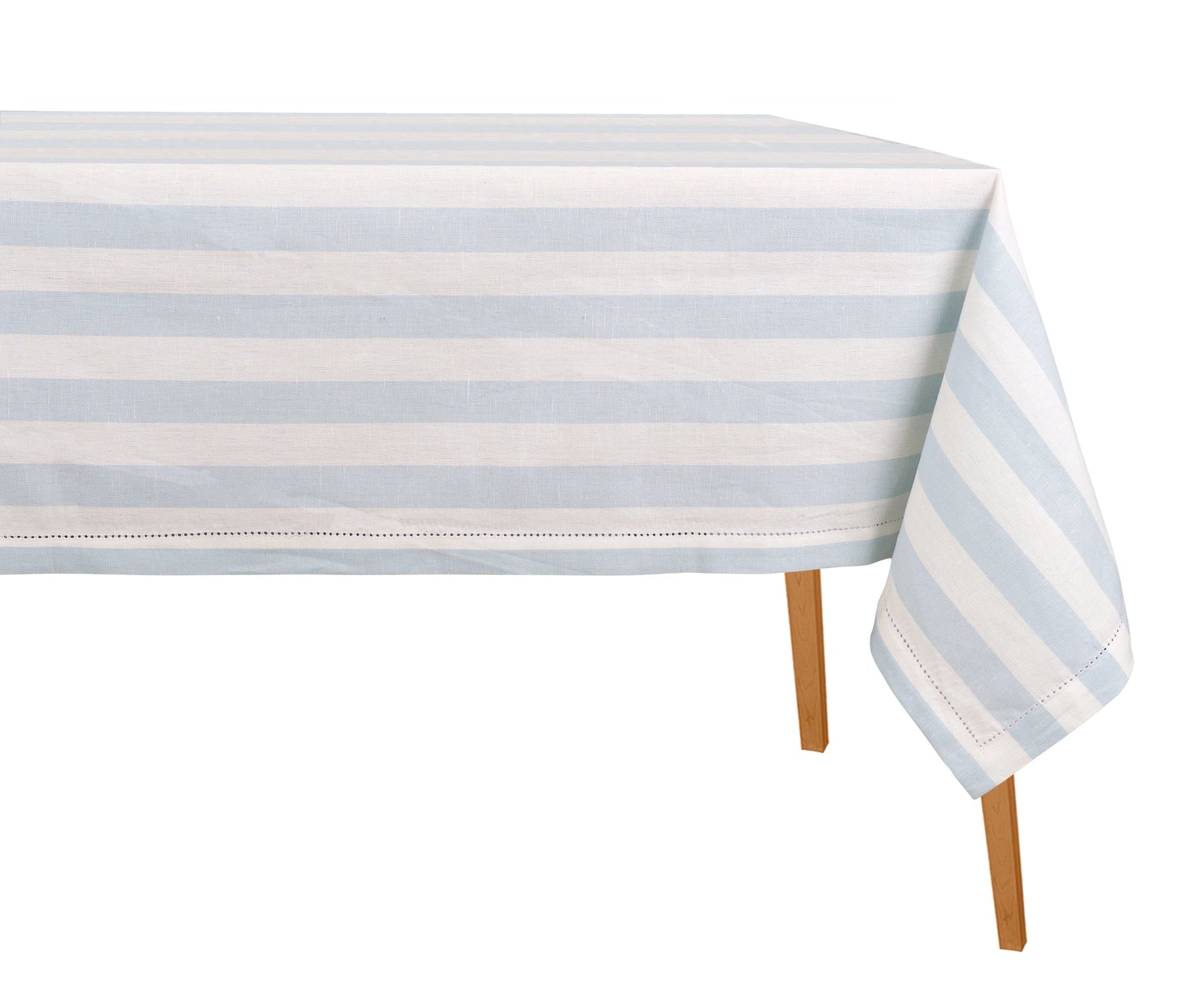 A blue and white striped cotton hemstitched tablecloth designed as a casual dining table cover.
