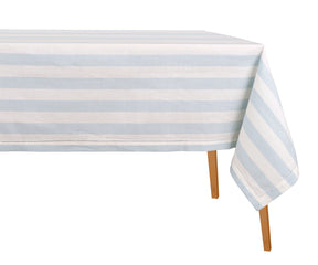 A blue and white striped cotton hemstitched tablecloth designed as a casual dining table cover.
