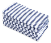 Navy and white vertical striped cotton napkins set on a coastal-themed dining table
