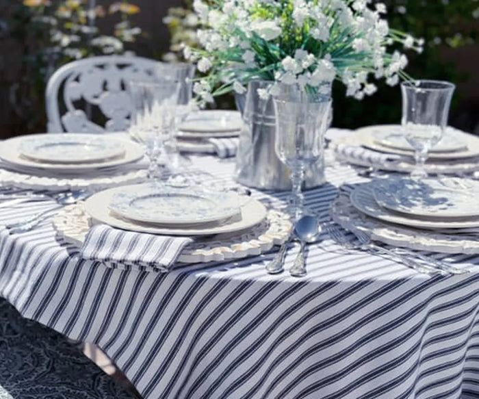 Coastal-inspired navy and white striped rectangle tablecloth for everyday meals