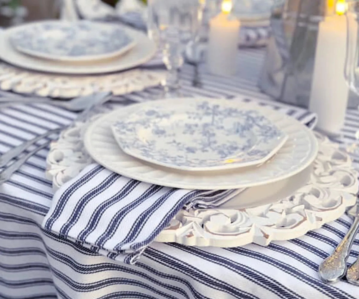 High-quality cotton navy and white striped tablecloth with timeless design