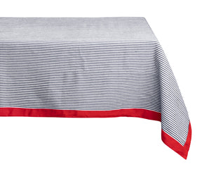 Navy tablecloth with a classic pattern and red color accents, perfect for a traditional dining setting.