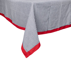 Colored tablecloths with a navy base and red stripes, making a bold statement in your dining room.