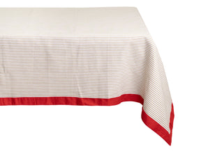 Beige tablecloth with a stylish red color border for a chic dining room setup.