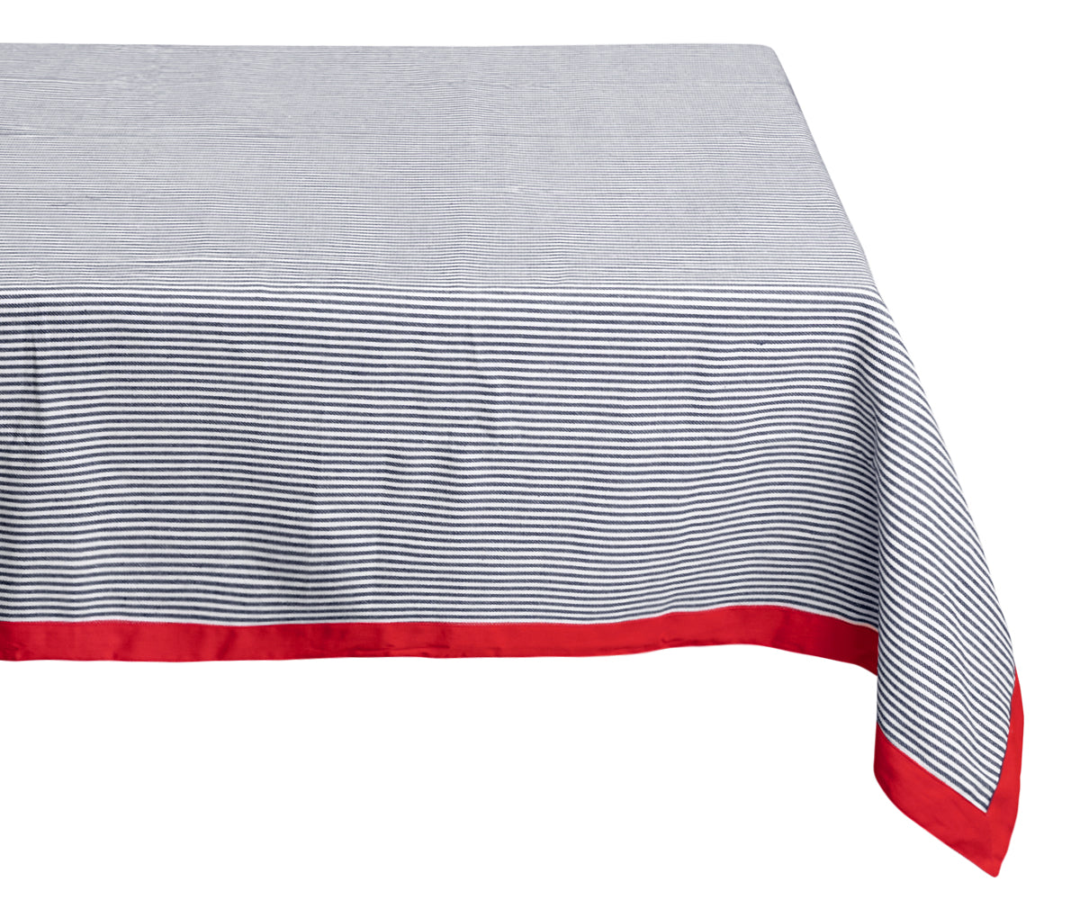 Patterned tablecloths with a navy base and red color stripes, enhancing your dining room decor.