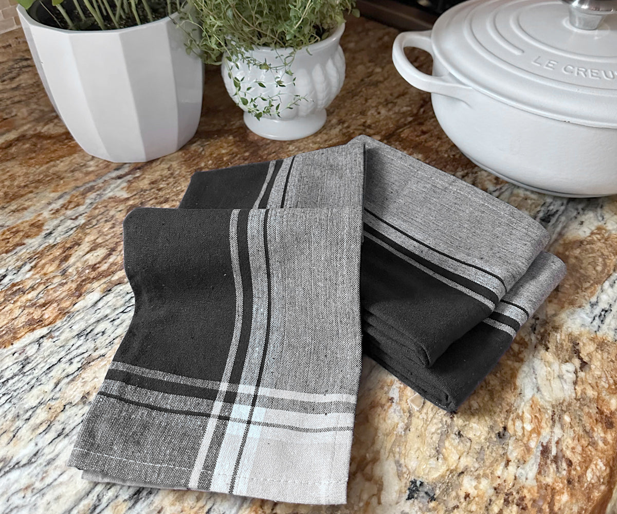 All Cotton and Linen Striped Dish Towels Rectangular BC Black / 18x28 / Set of 4