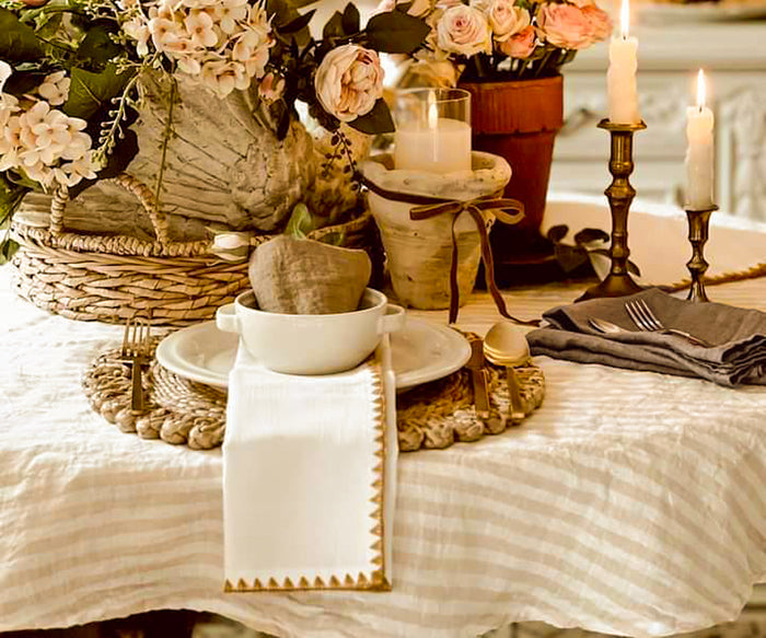 Beige striped linen tablecloth
