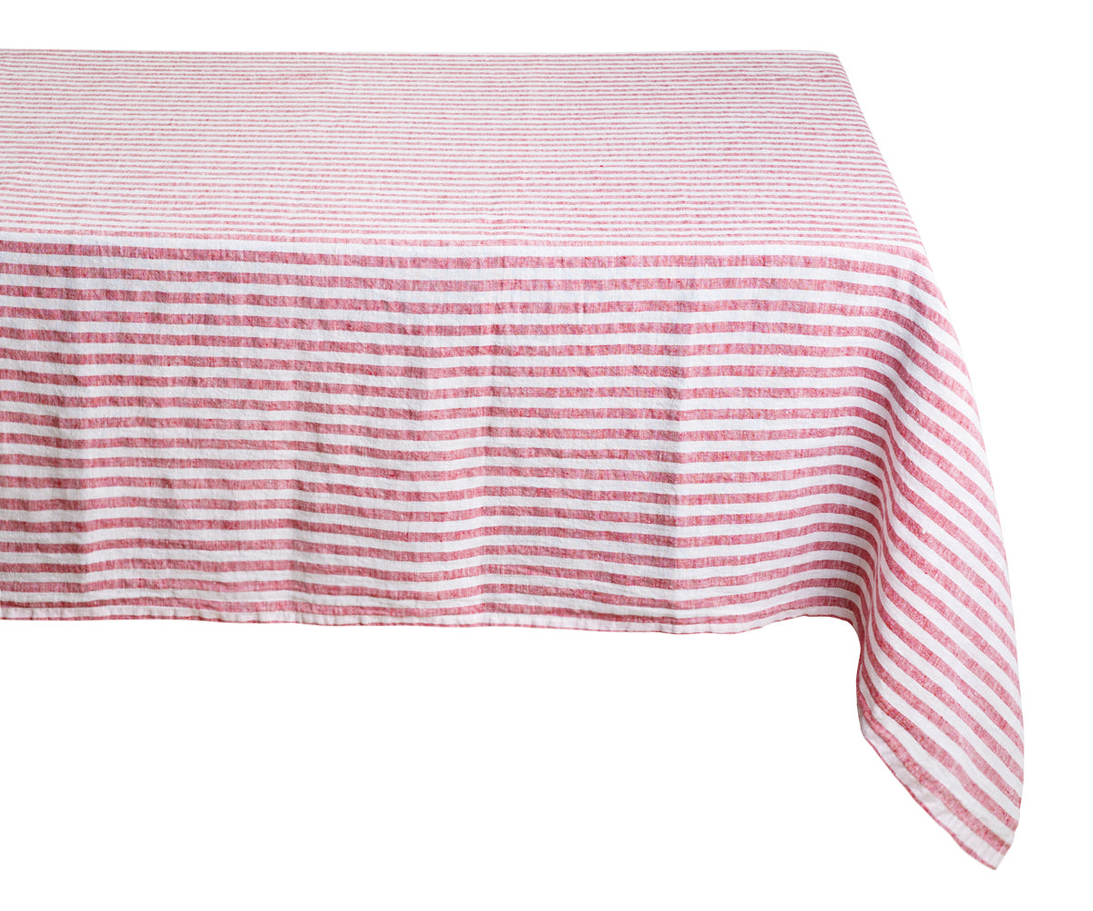 A rectangular red tablecloth for casual dining.