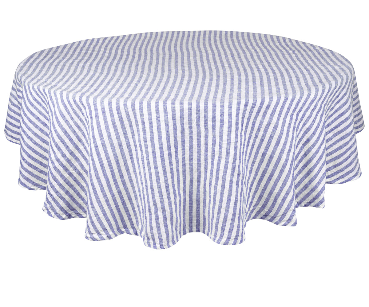 A round linen tablecloth in a calming blue hue.A Blue linen tablecloth for a bold and dramatic effect.