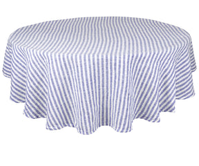 A round linen tablecloth in a calming blue hue.