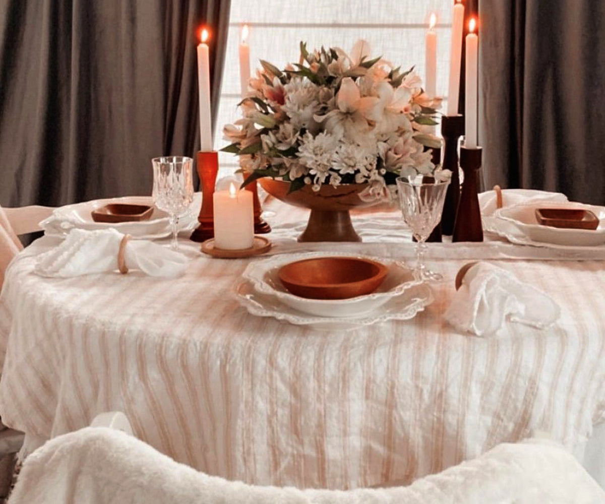 Homestead Striped Tablecloths for a charming and rustic touch.
