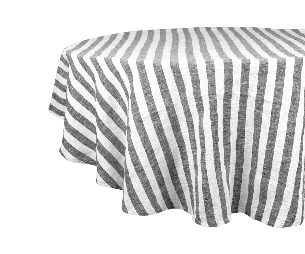 Striped linen tablecloth in blue, perfect for any occasion