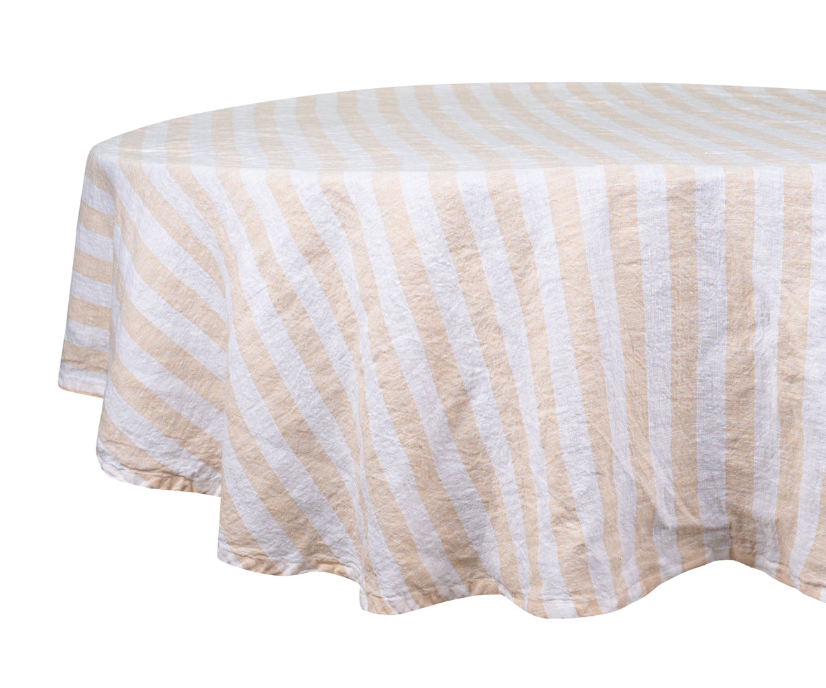 Beige round linen tablecloth with a soft and natural fabric,