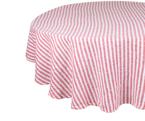 A pristine red and white linen tablecloth for elegant settings.