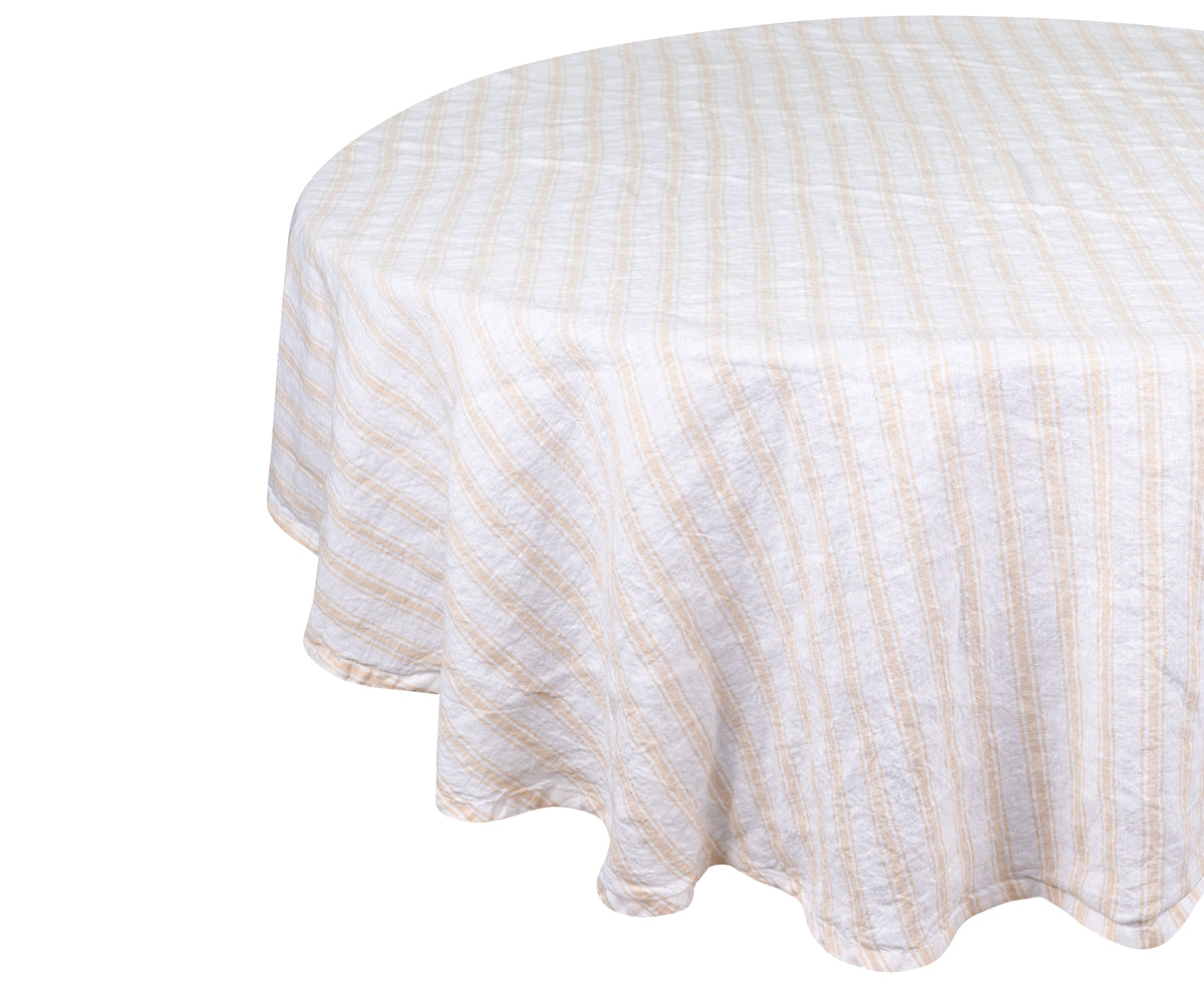 Round linen tablecloth in a versatile beige color
