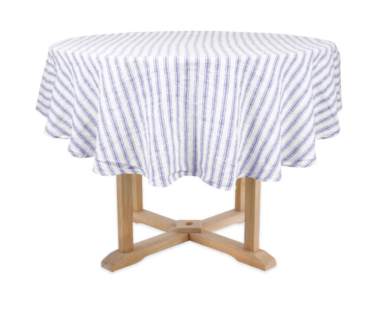 Blue round linen tablecloth with a stylish and contemporary look