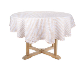 Beige Round linen tablecloths in various sizes for different tables.