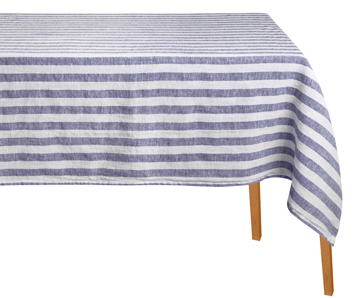 Tablecloth with blue and white stripes on a white background