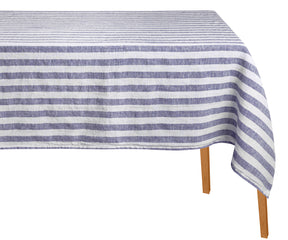 Tablecloth with blue and white stripes on a white background