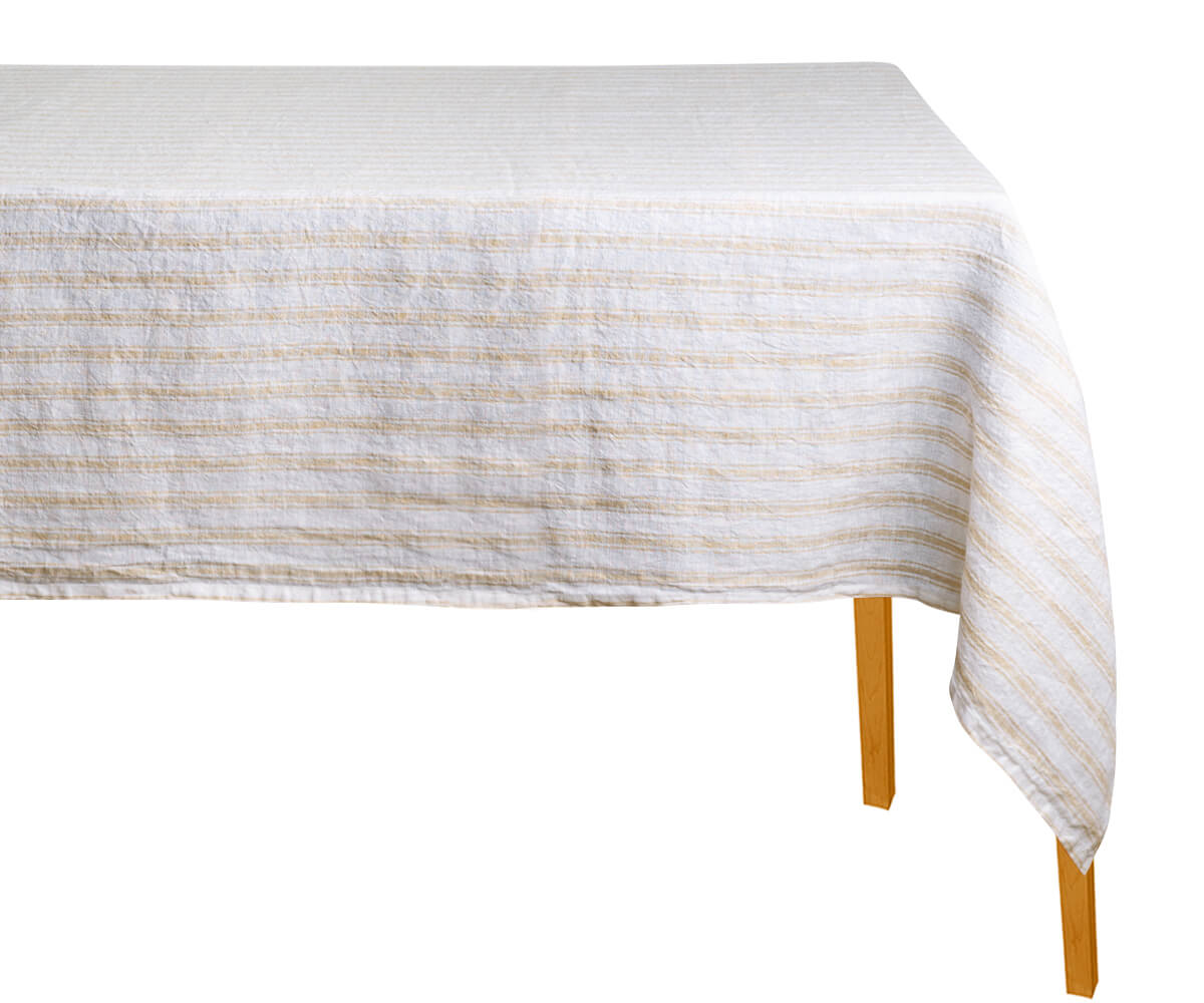 Linen stripe tablecloth adding a subtle yet stylish pattern to your table decor.
