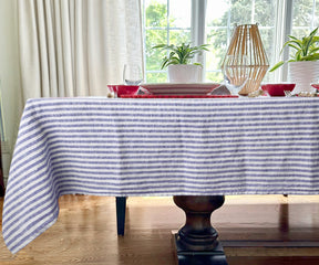 A refined blue and white linen tablecloth for sophisticated gatherings.
