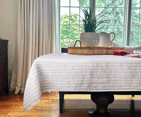 Linen Textured Rectangle/Oblong Tablecloth With Lace Trim Yarn Dyed Golden Purl Stripetable Cover Buffet Banquet Parties Event Holiday Farmhouse Kitchen D