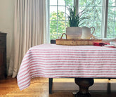 Elegant red striped tablecloth for a vibrant table setting. red linen tablecloth striped linen tablecloth