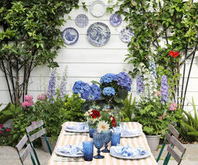 Linen outdoor holiday tablecloth for festive gatherings in the garden.