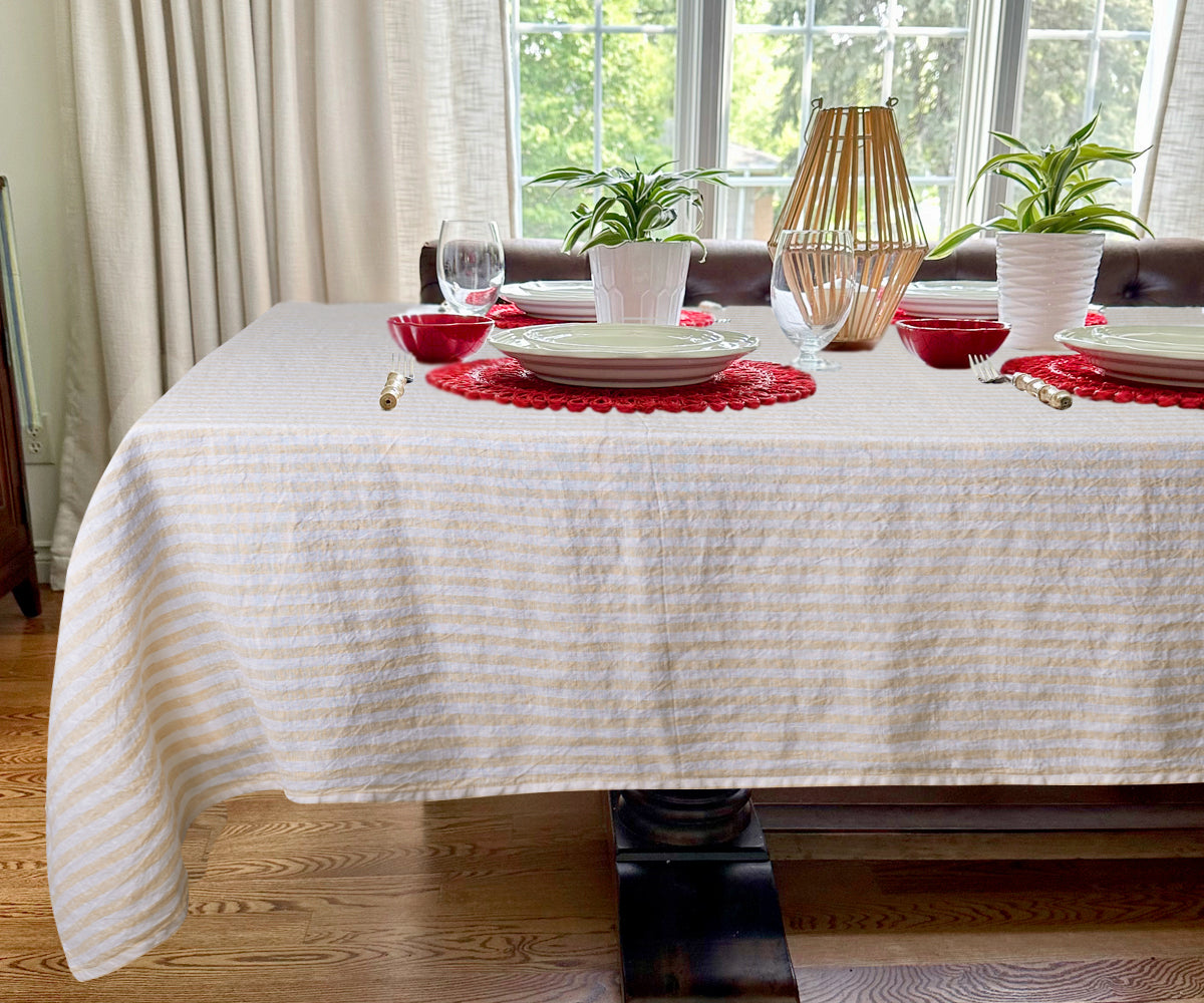 A simple and versatile white linen rectangle tablecloth.