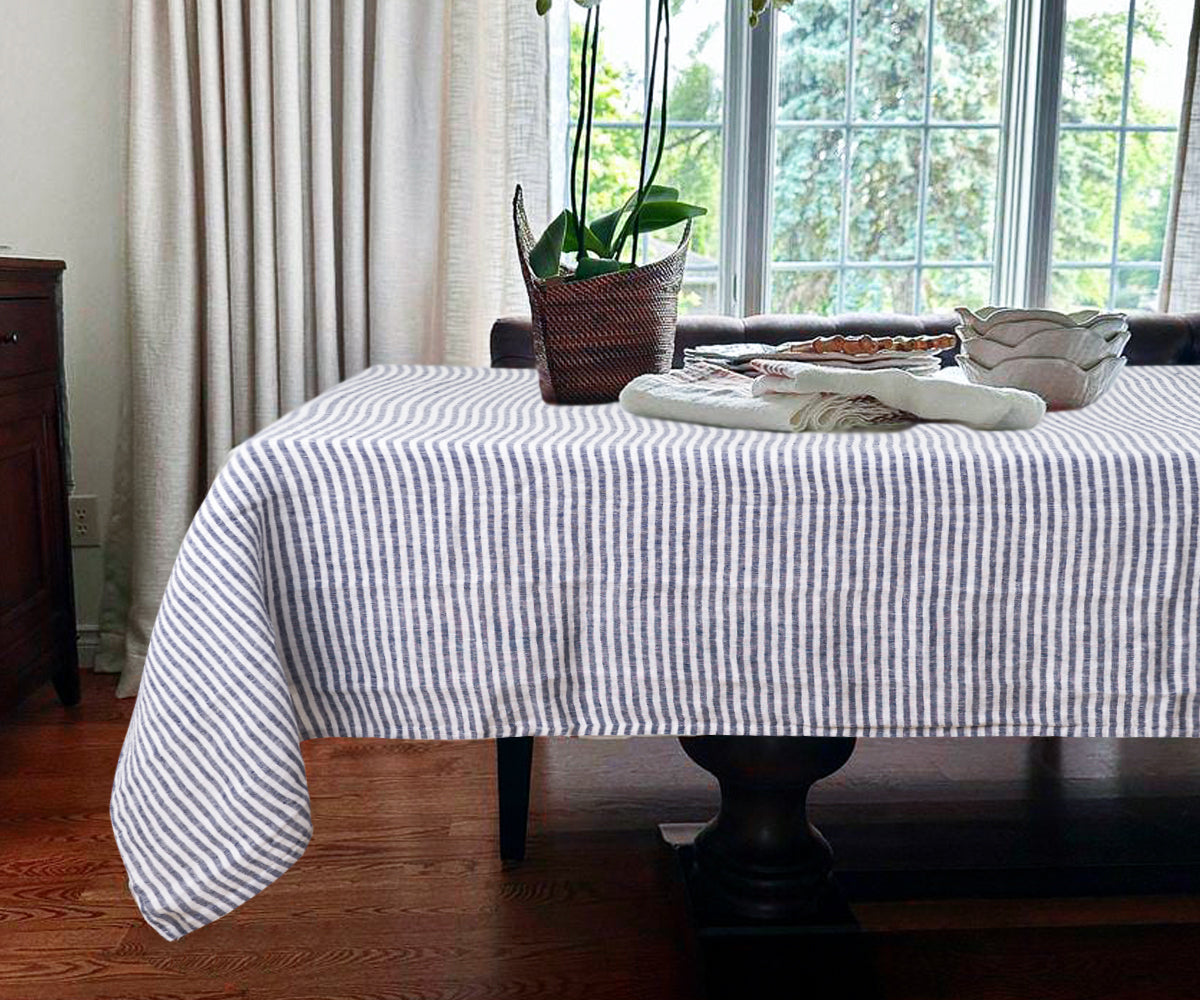 Navy linen tablecloth with a stylish and contemporary look.