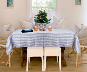Amalfi-inspired stripe tablecloth, evoking coastal elegance and Italian charm, ideal for stylish and memorable gatherings.
