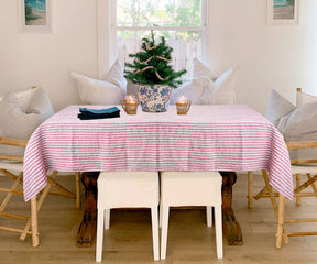 Versatile stripe linen tablecloth suitable for everyday use, offering a polished and sophisticated backdrop for meals.