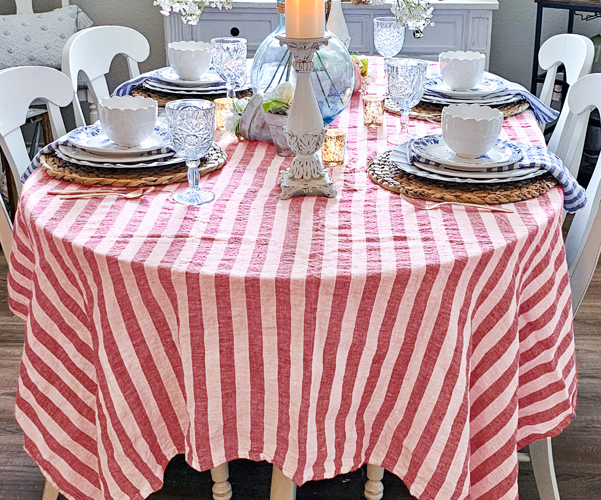 Striped linen tablecloths can be coordinated with other elements of the table decor