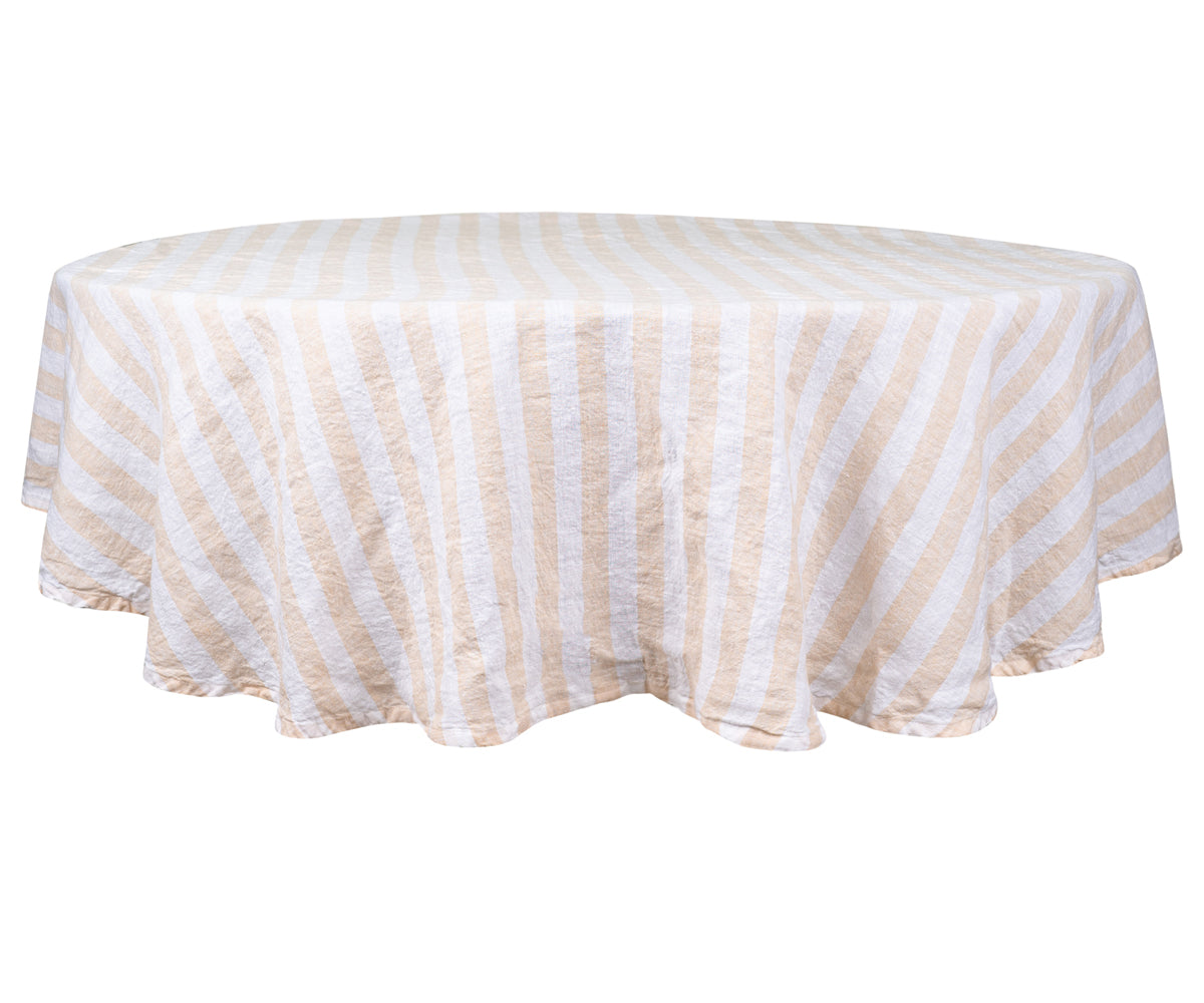 Beige round tablecloth with a soft and natural fabric.