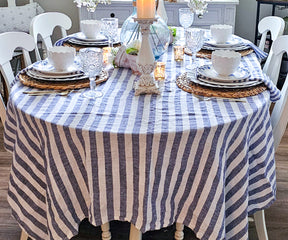 striped tablecloth making them a classic choice for both traditional and contemporary table settings.