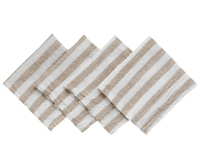 Four striped napkins with beige and white stripes on a white background