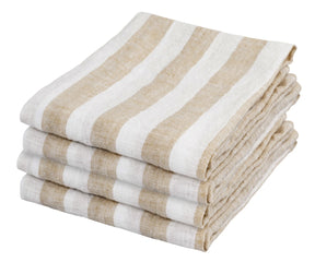 Stack of beige and white striped towels on a white background