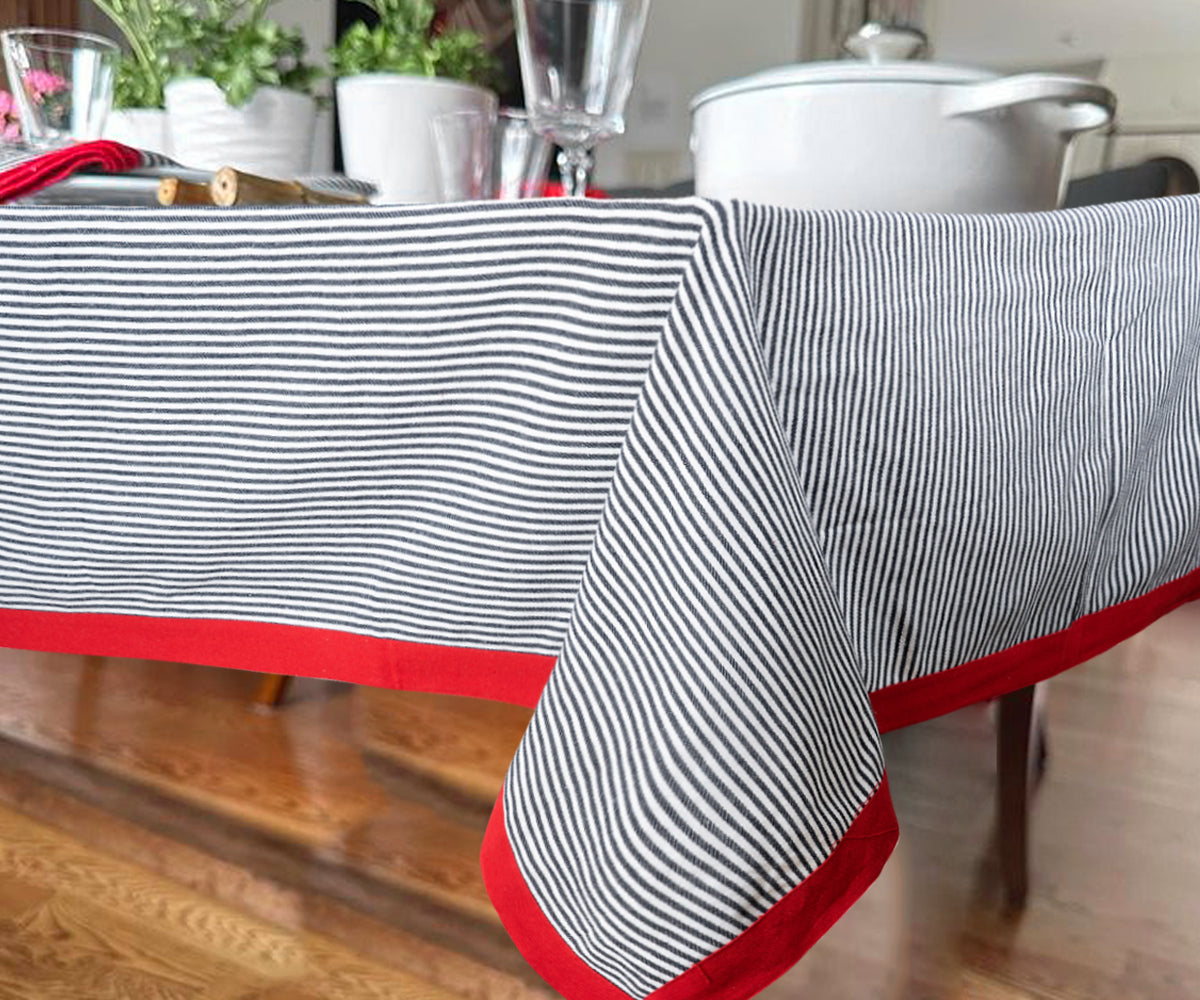 Farmhouse tablecloth with red trim and stripes