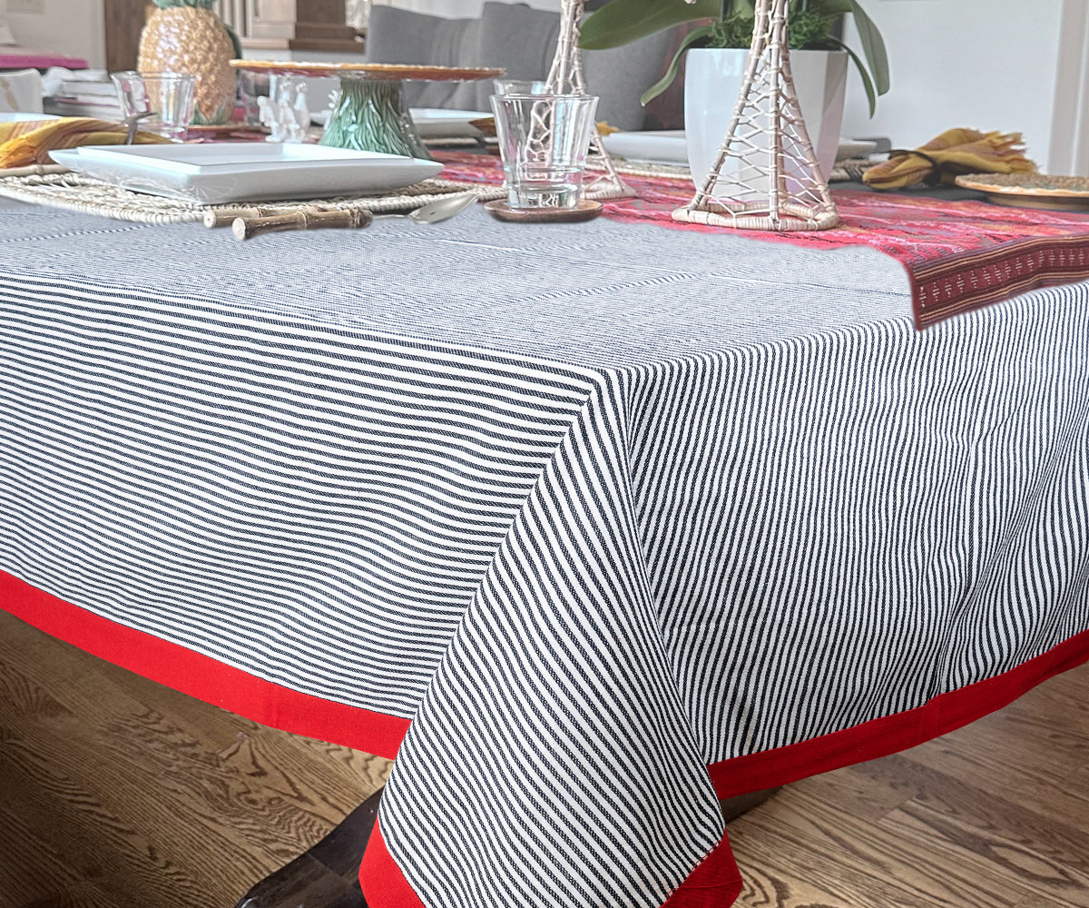 lack and red striped tablecloth for dining table, kitchen table, or outdoor table the tablecloth cotton will make it look attractive rectangle tablecloth.
